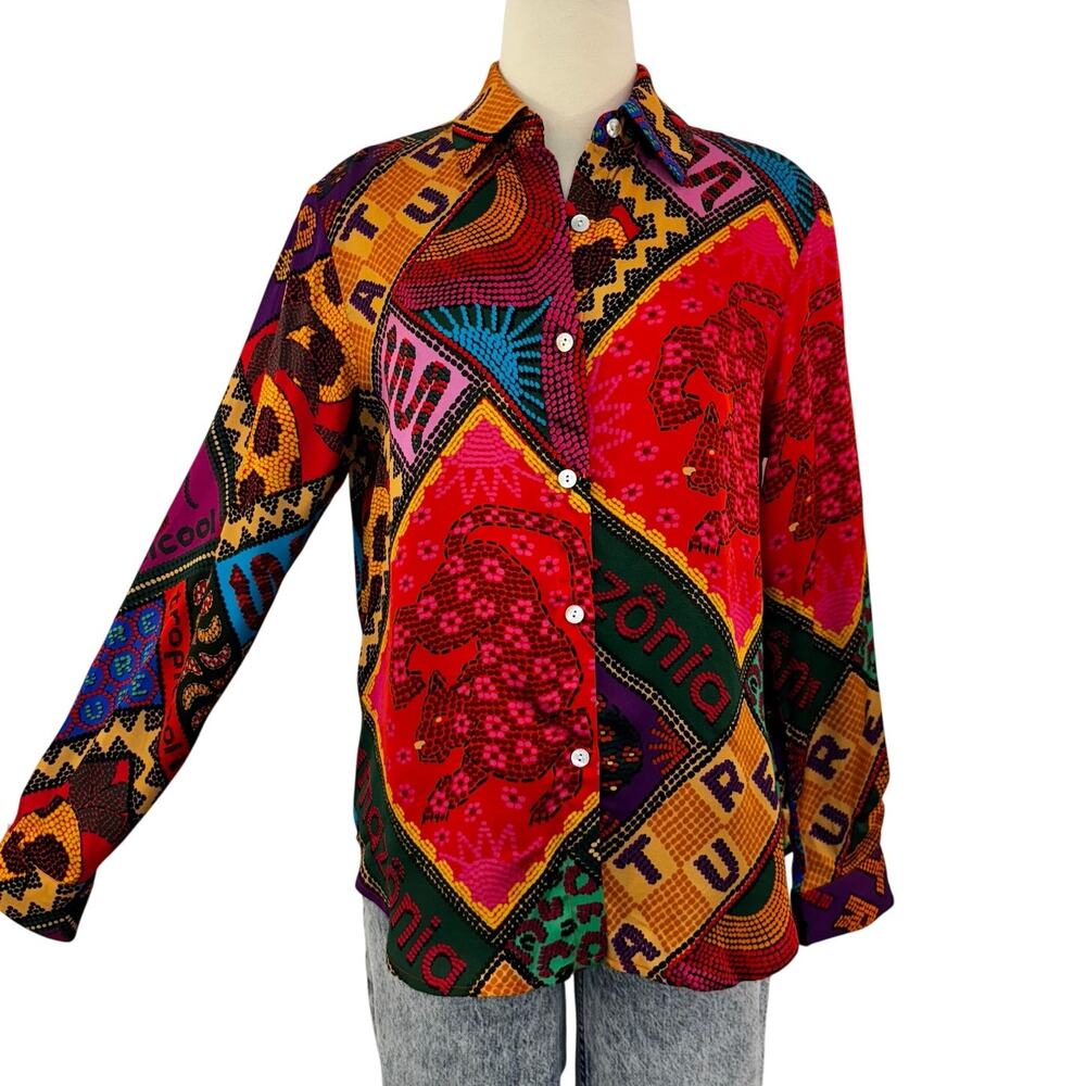 FARM Rio Long Sleeve Dotted Patchwork Button-Down Shirt Blouse Top Multi Size S